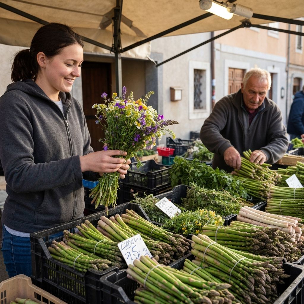 Svježi šparoge i divlje biljke na tržnici u Istri, magla od rose, jutarnja svjetlost
