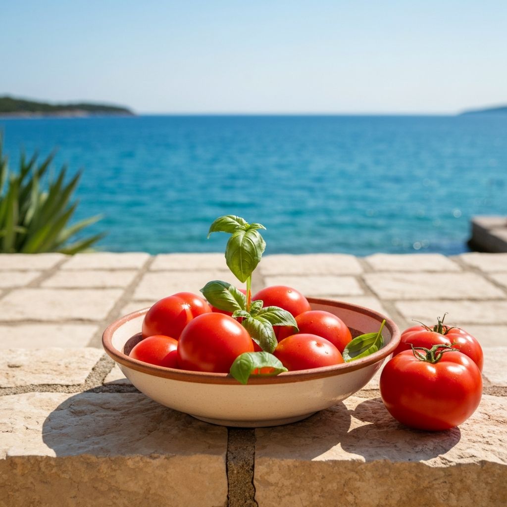 Rajčica i bazilika na kamenovoj terasi, plavo Jadransko more u pozadini, ljetnjakost
