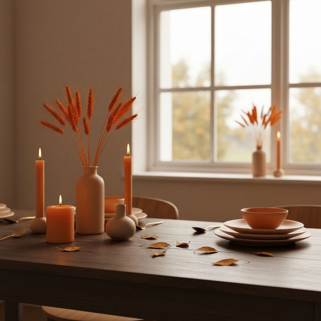 Suptilna sezonska tablica s mijenjajućom svjetlošću, meka prirodna rasvjeta, minimalistička kompozicija