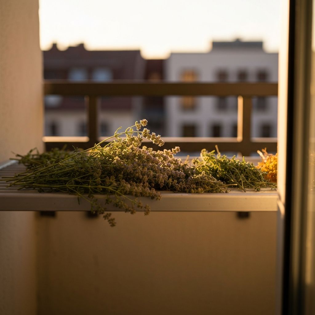 Sušenje biljaka na sunčanoj balkoni, tranzicijski sezonski moment, čista sezonska poezija
